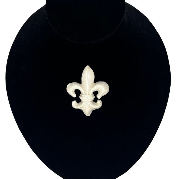 Vintage Beige Fleur de Lis Brooch Pin Crackled Glass Jewelry Retro Classy 2" - Picture 2 of 6